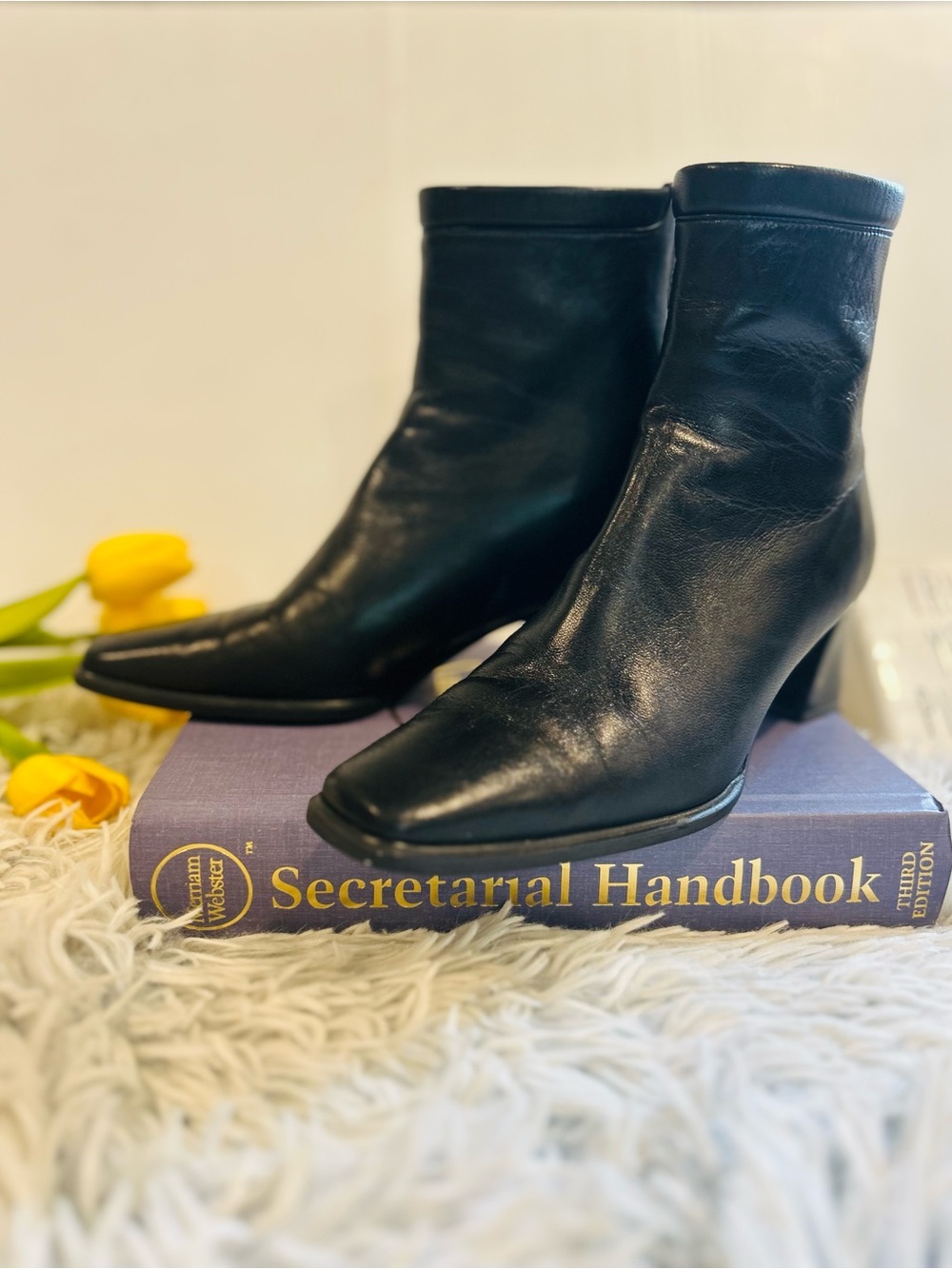 Stuart Weitzman Black Leather Square-Toe Ankle Boots